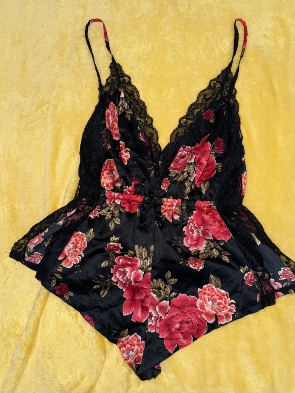 Forever 21 Black Satin Floral Lace Romper size S